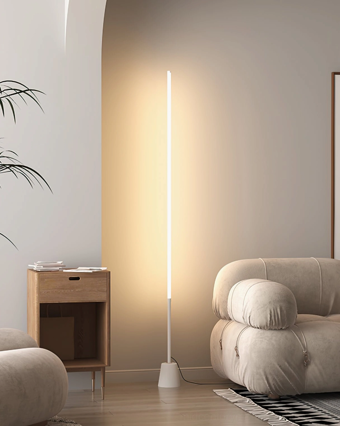Pipeline minimalist LED floor lamp with white base in living room, paired with wooden side table, Scandinavian modern style