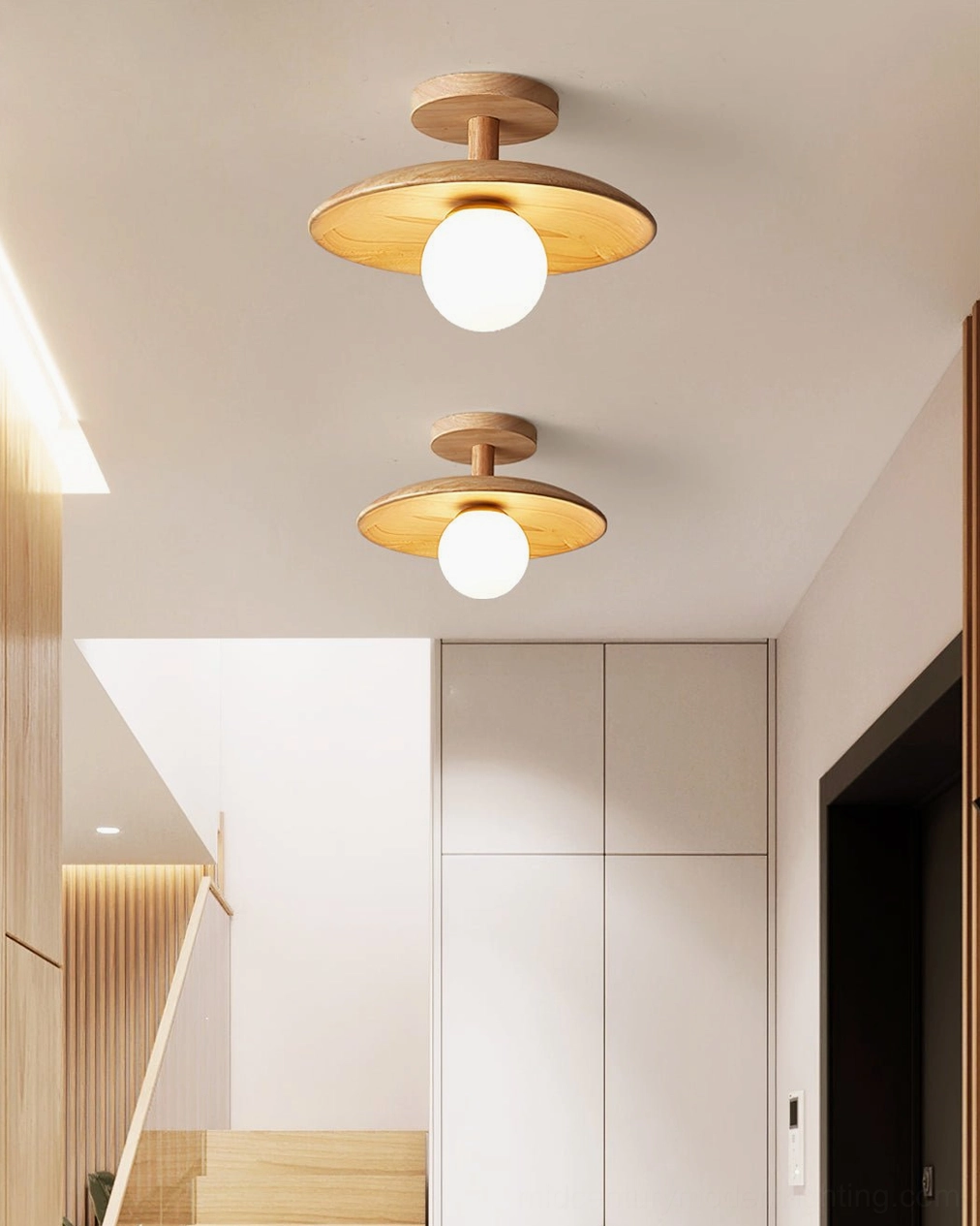 Two Plafon ceiling lamps installed in Japanese-style residential stairwell hallway with light wood flooring