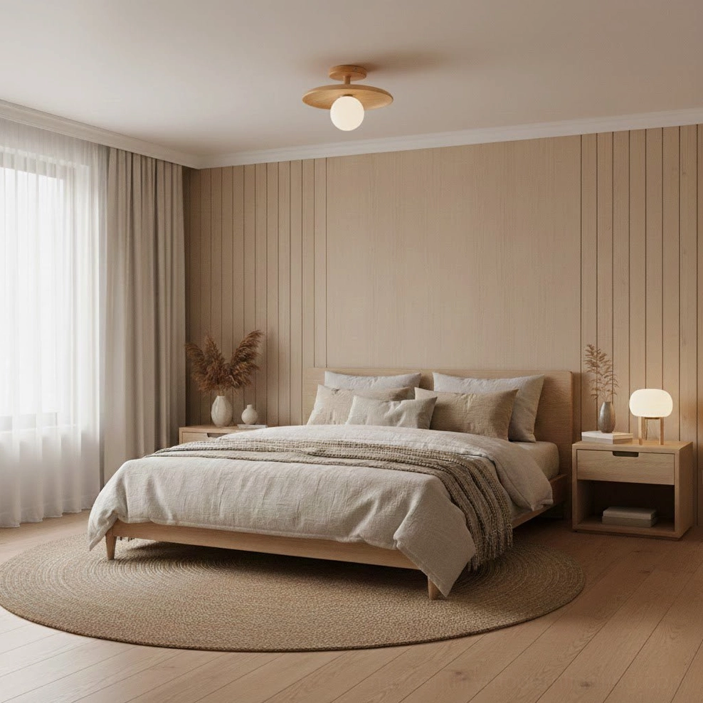 Plafon flush-mount ceiling lamp in Japanese-inspired master bedroom with wooden bed frame and sheer curtains
