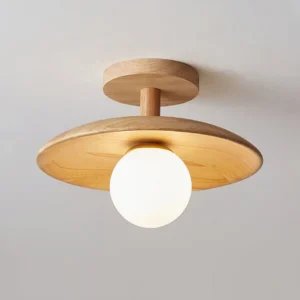 Plafon ceiling lamp side profile showing ultra-low 4.7 inch depth with natural ash wood base and lit G9 frosted glass