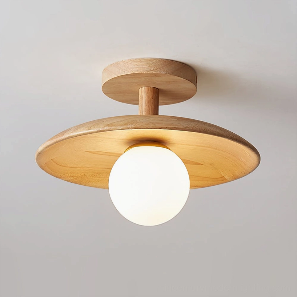 Plafon ceiling lamp side profile showing ultra-low 4.7 inch depth with natural ash wood base and lit G9 frosted glass