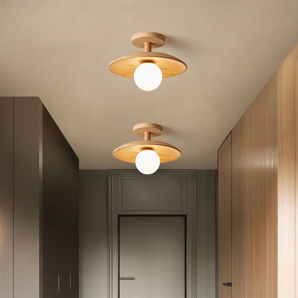 Plafon natural ash wood and frosted white glass ceiling lamp in contemporary home setting