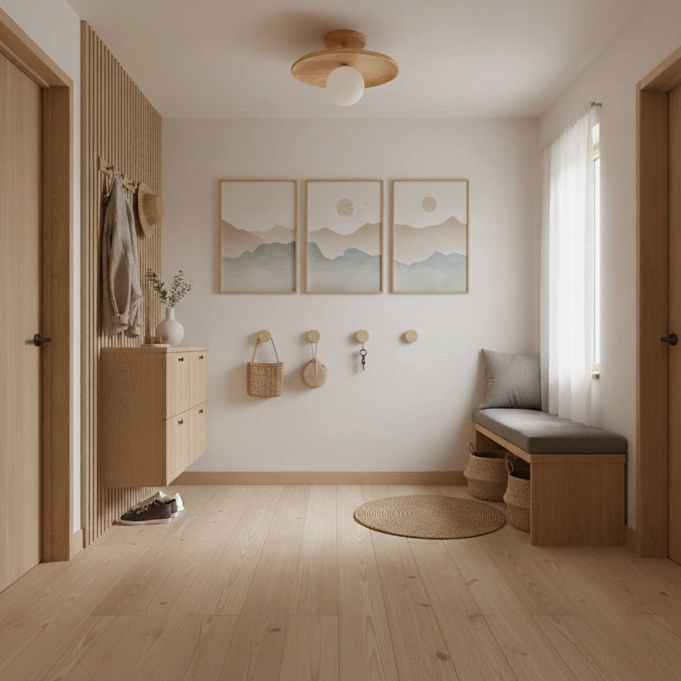 Plafon wood and glass ceiling fixture in minimalist Japanese hallway with landscape prints and storage bench