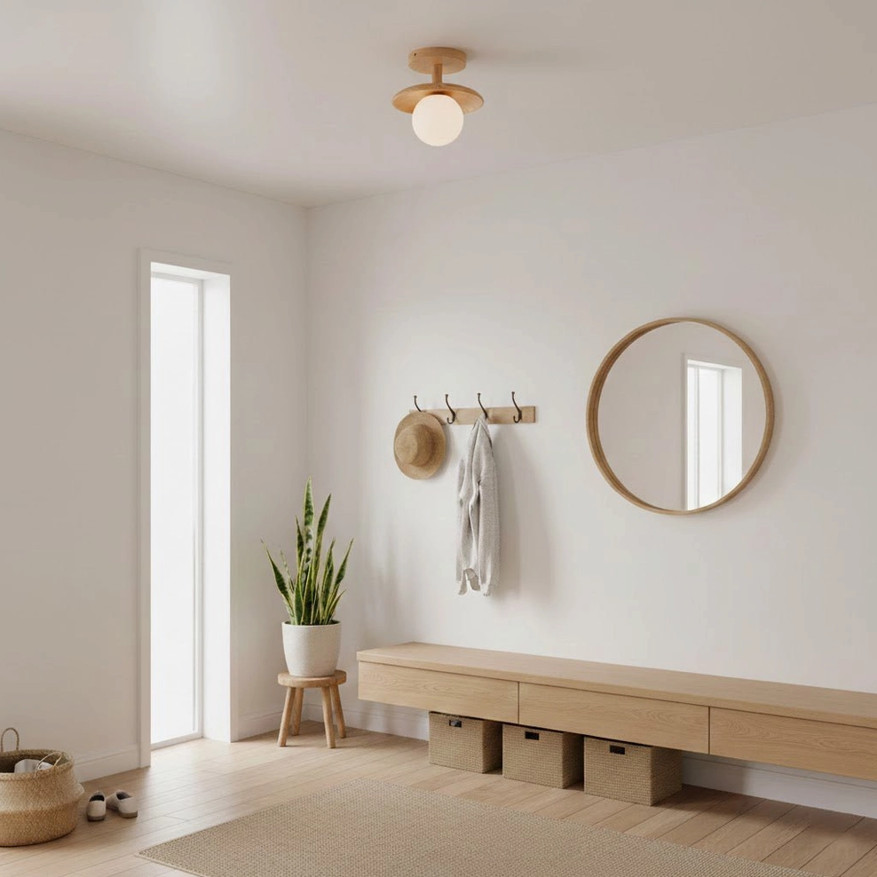 Single Plafon low-profile ceiling fixture in modern entry nook with wall hooks, potted plants, and wooden bench