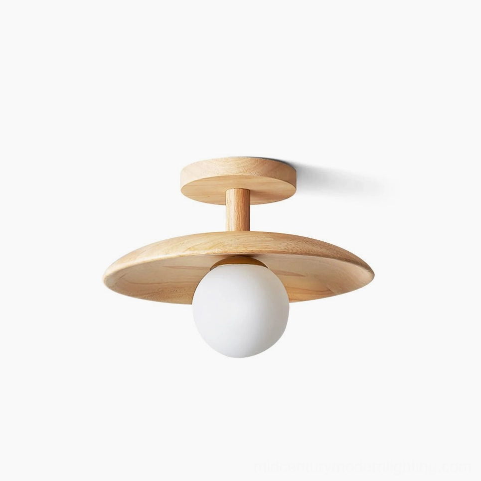 Plafon low-profile ash wood ceiling lamp with frosted white glass diffuser, front view on white background
