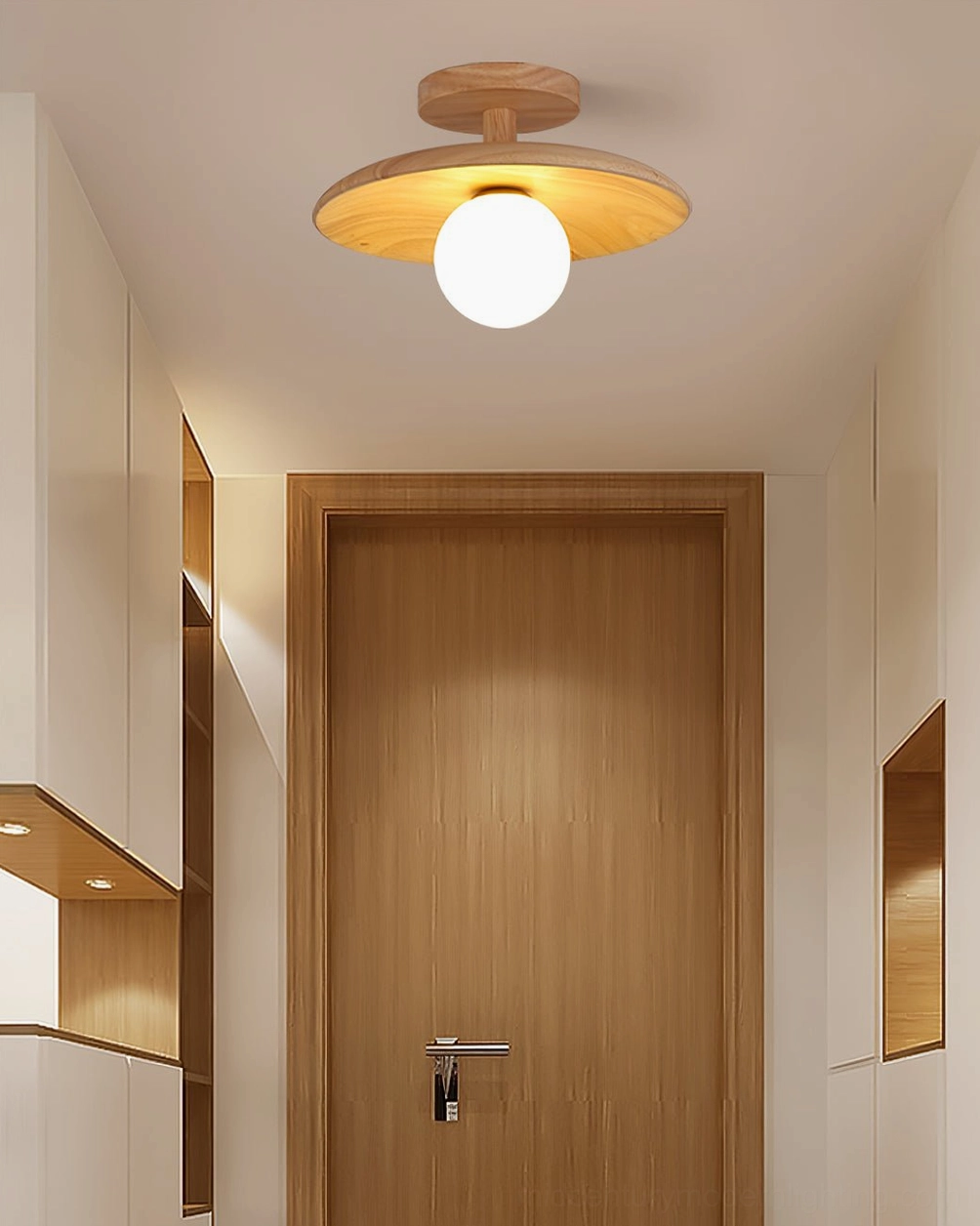 Plafon natural wood ceiling lamp providing ambient glow in minimalist residential hallway design
