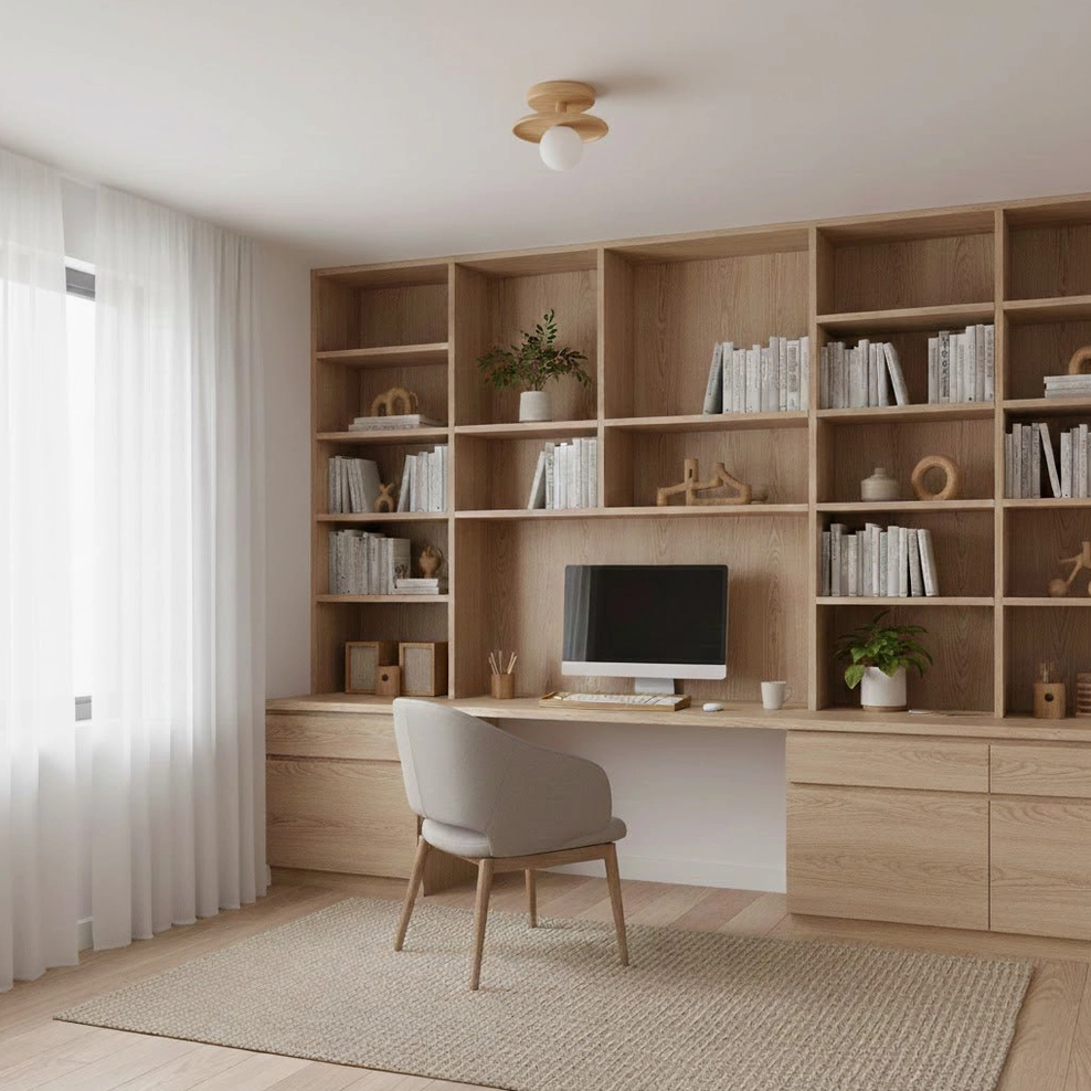 Plafon ceiling lamp in contemporary home office with built-in bookshelves, desk, and upholstered chair
