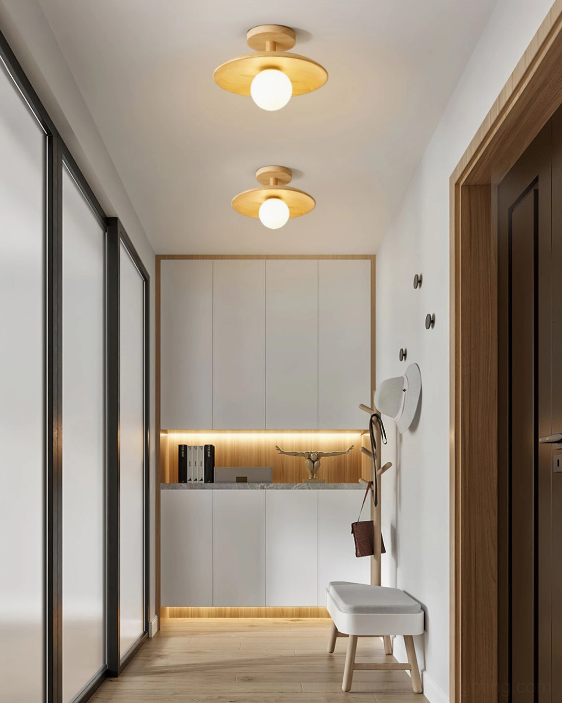 Plafon flush-mount ash wood ceiling light in Japanese minimalist interior design setting