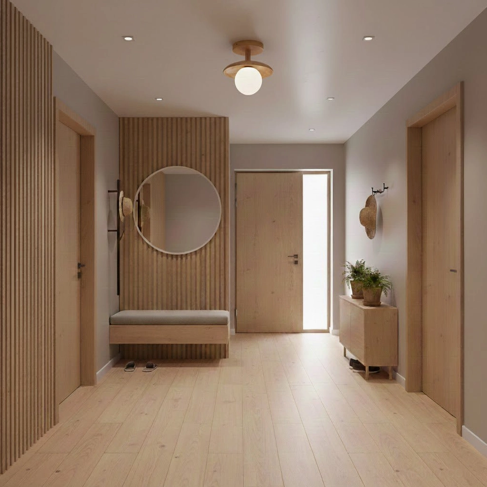 Plafon flush mount ceiling lamp in minimalist Japanese entryway with round mirror, wooden bench, and panel wall