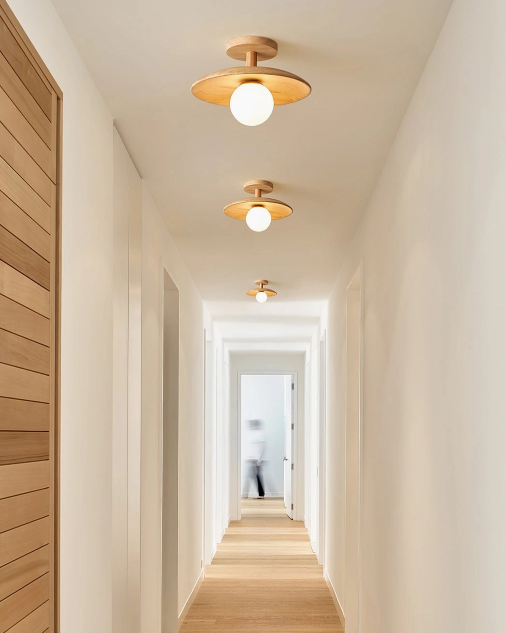 Plafon ash wood and frosted glass ceiling fixture in modern living space with warm natural lighting