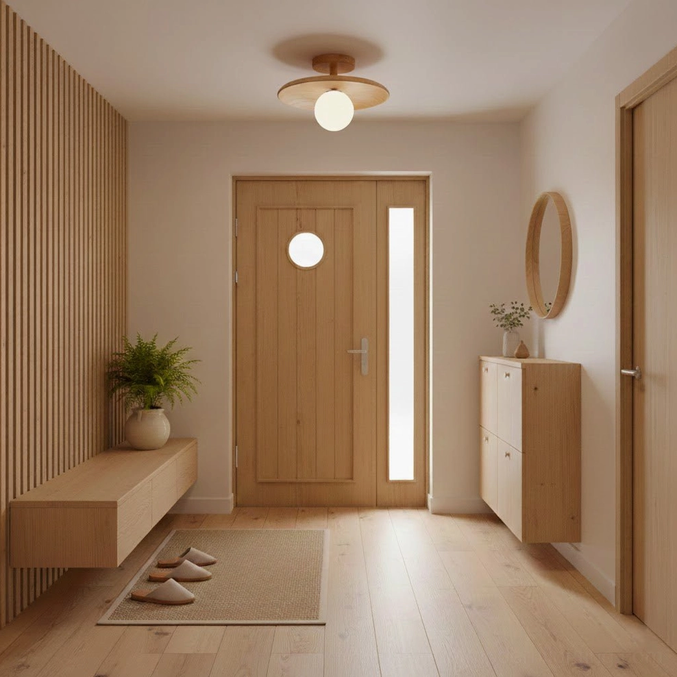 Plafon low-profile ash wood ceiling lamp product display showing natural wood grain and frosted glass diffuser