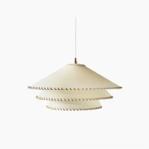 Planas tiered fabric pendant lamp with handstitched edges in beige, front studio view
