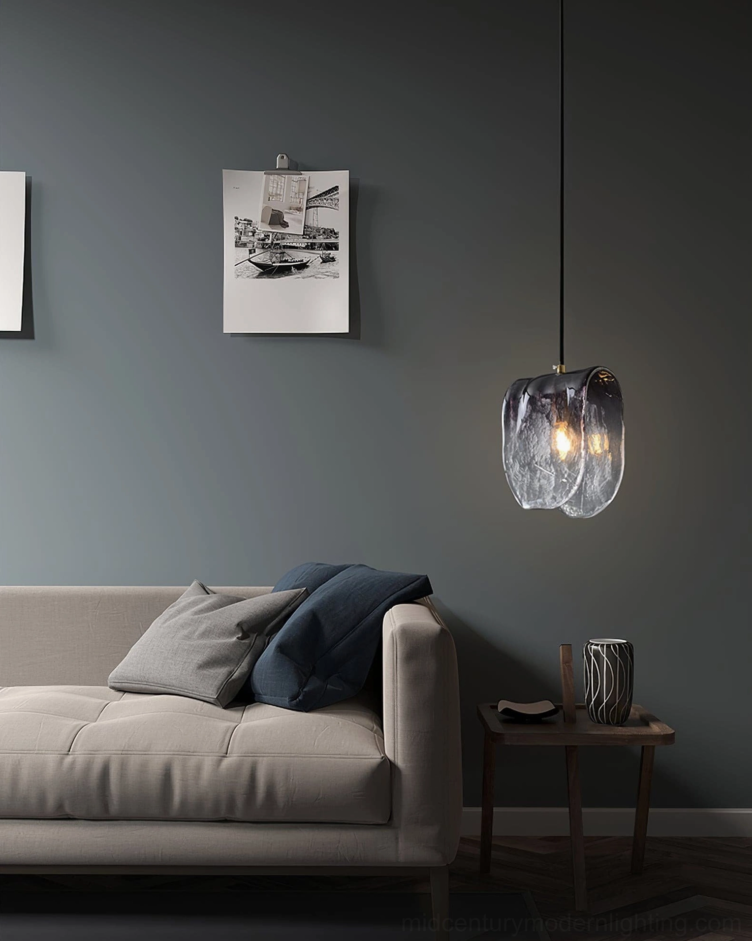 Purple gradient pendant light illuminated showing light diffusion through water-ripple textured shade