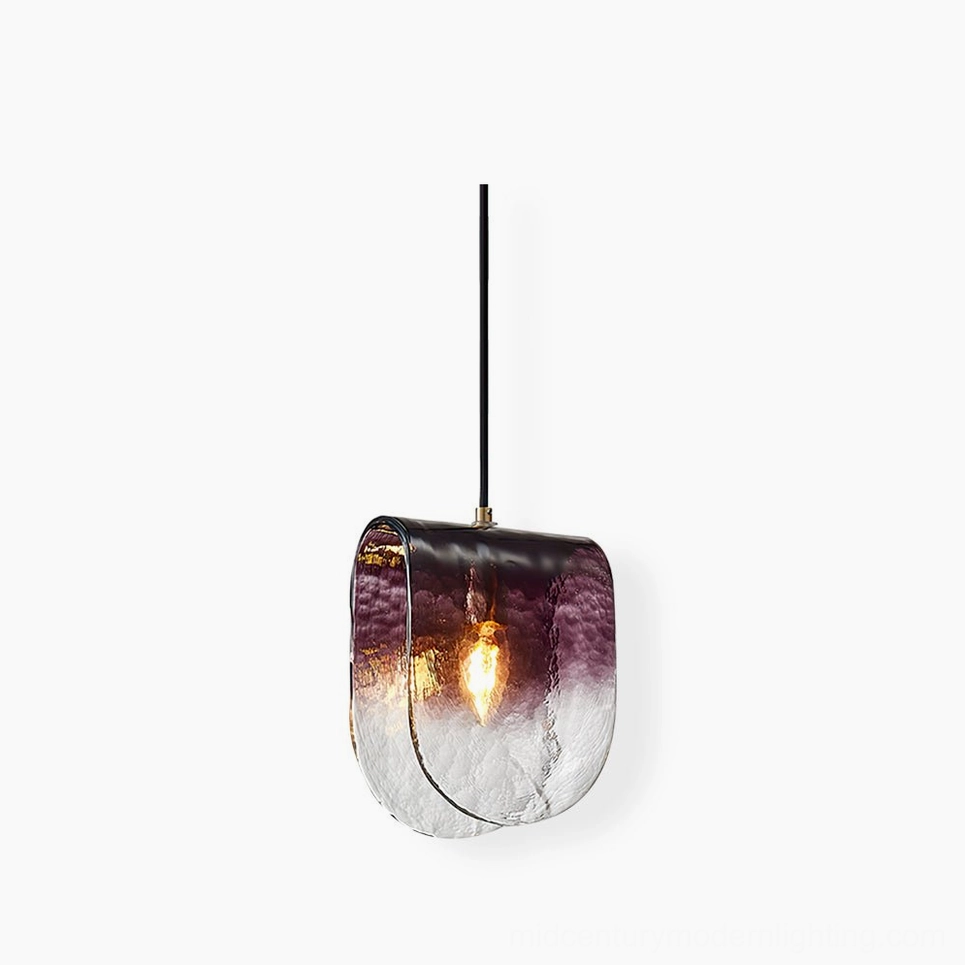 Planck hand-blown glass pendant light with purple gradient shade on white background, front view