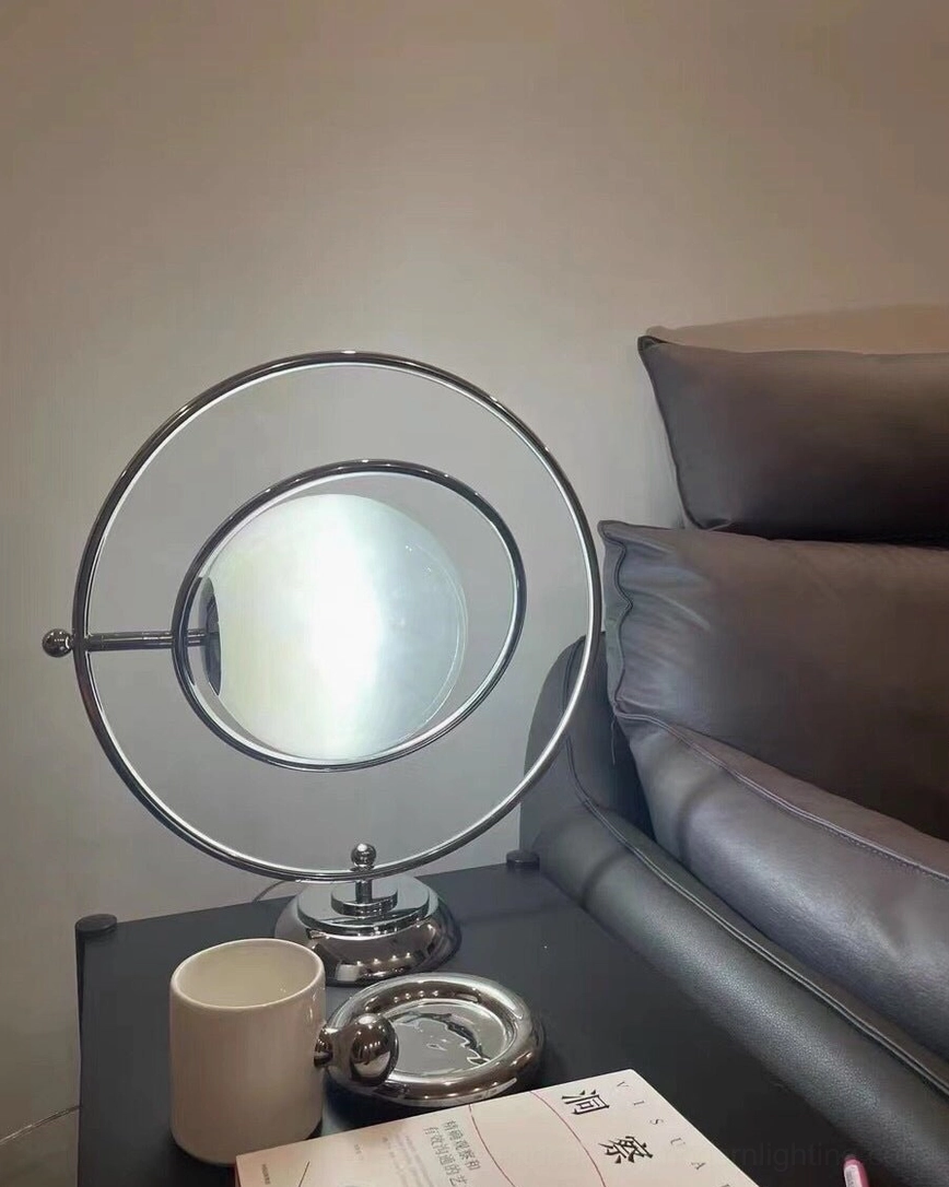 Planet lamp minimalist aesthetic polished silver with white frosted shade