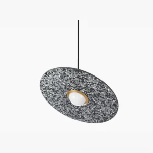 Planet terrazzo pendant light with dark grey speckled finish, modern disc design overhead view with integrated LED