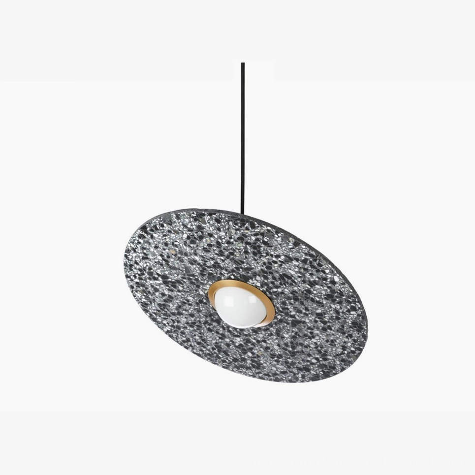 Planet terrazzo pendant light with dark grey speckled finish, modern disc design overhead view with integrated LED