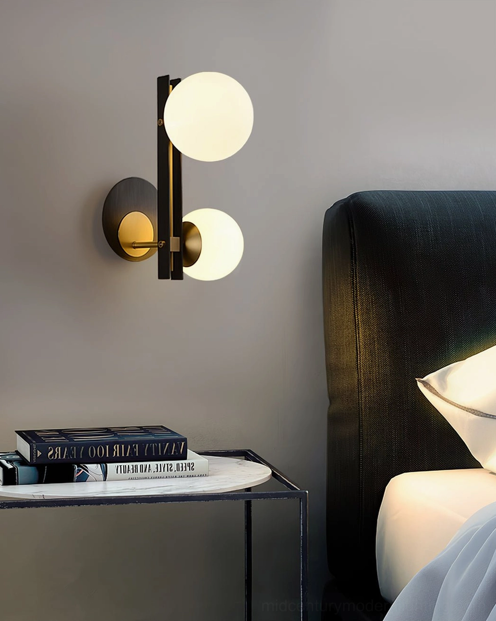 Planeta wall sconce positioned above bedroom nightstand, soft ambient lighting in luxury bedroom interior