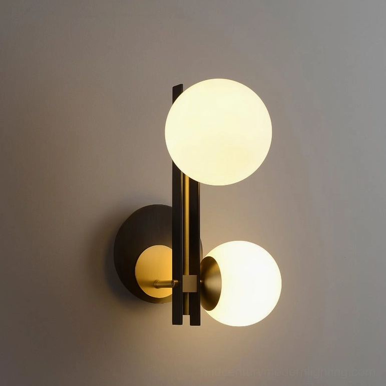 Planeta dual globe wall sconce in black and brass finish, primary product view mid-century modern style