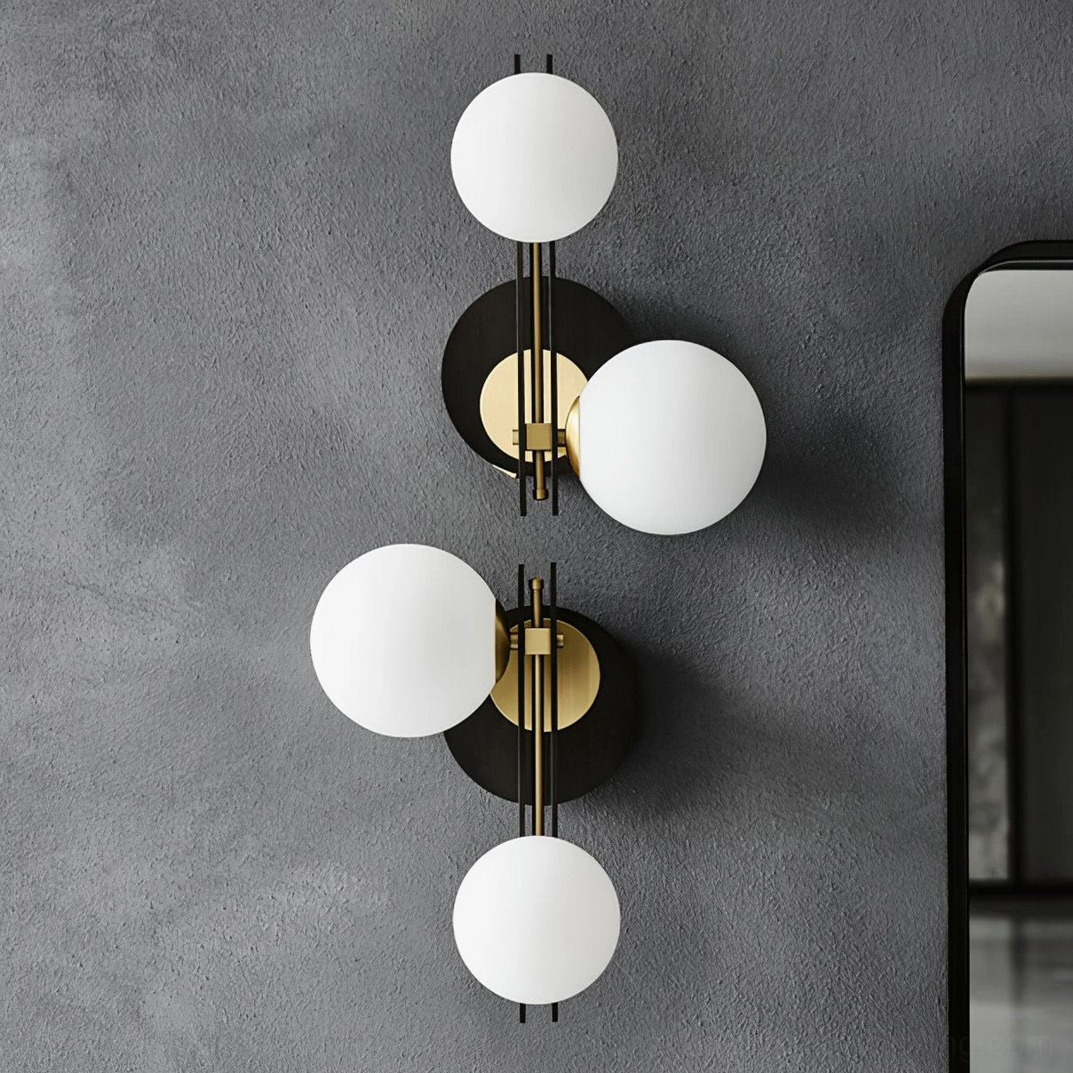 Planeta wall lamp detail showing precision brass construction and frosted glass material quality