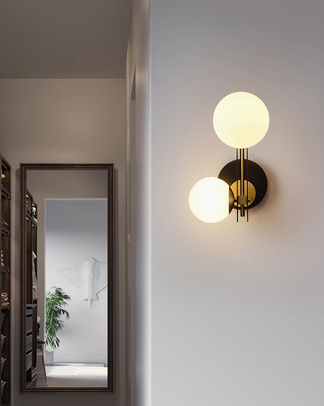 Planeta wall lamp in residential entryway with full-length mirror, warm soft ambient lighting in minimalist hallway