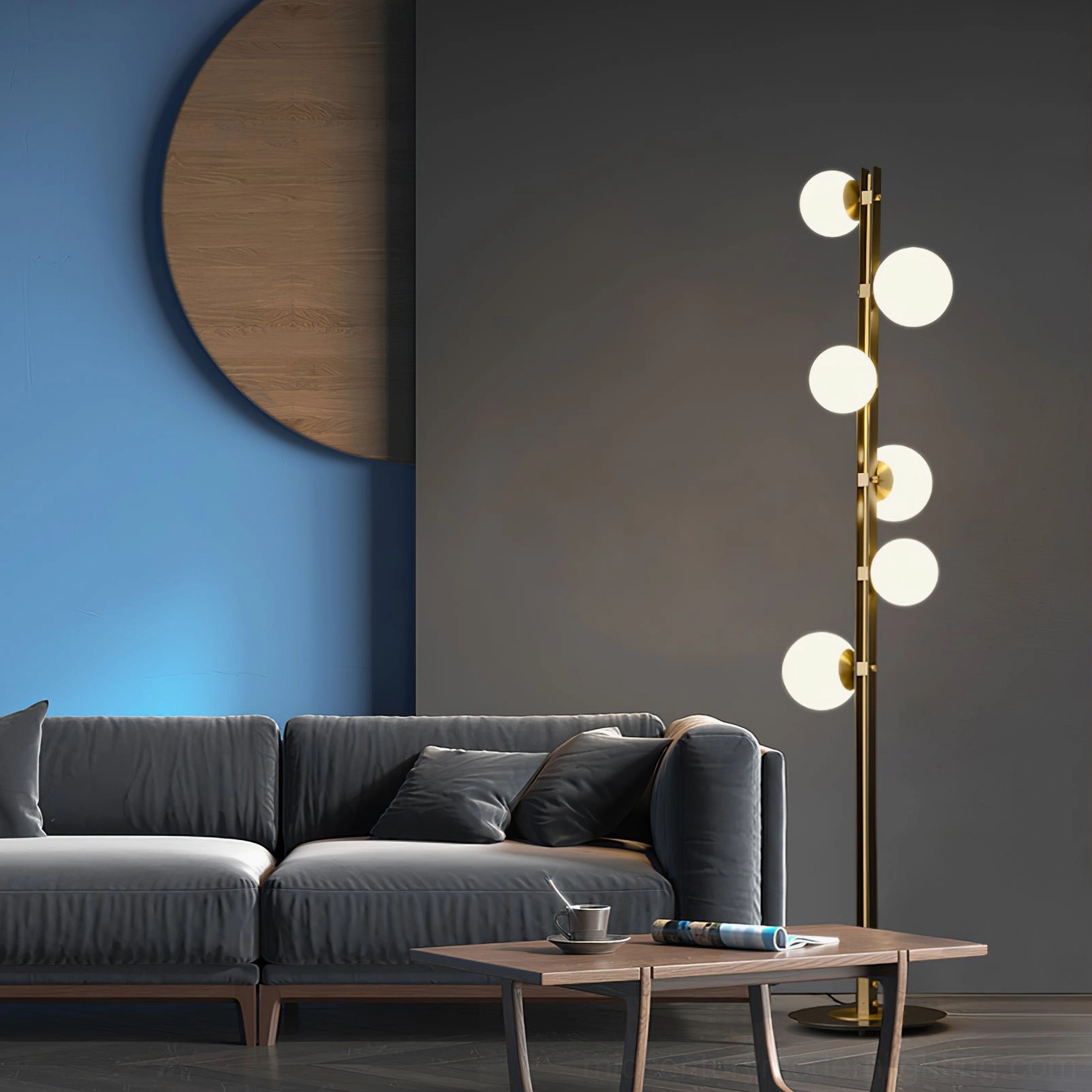 Planeta floor lamp brass frame and frosted glass sphere combination reflecting mid-century aesthetics