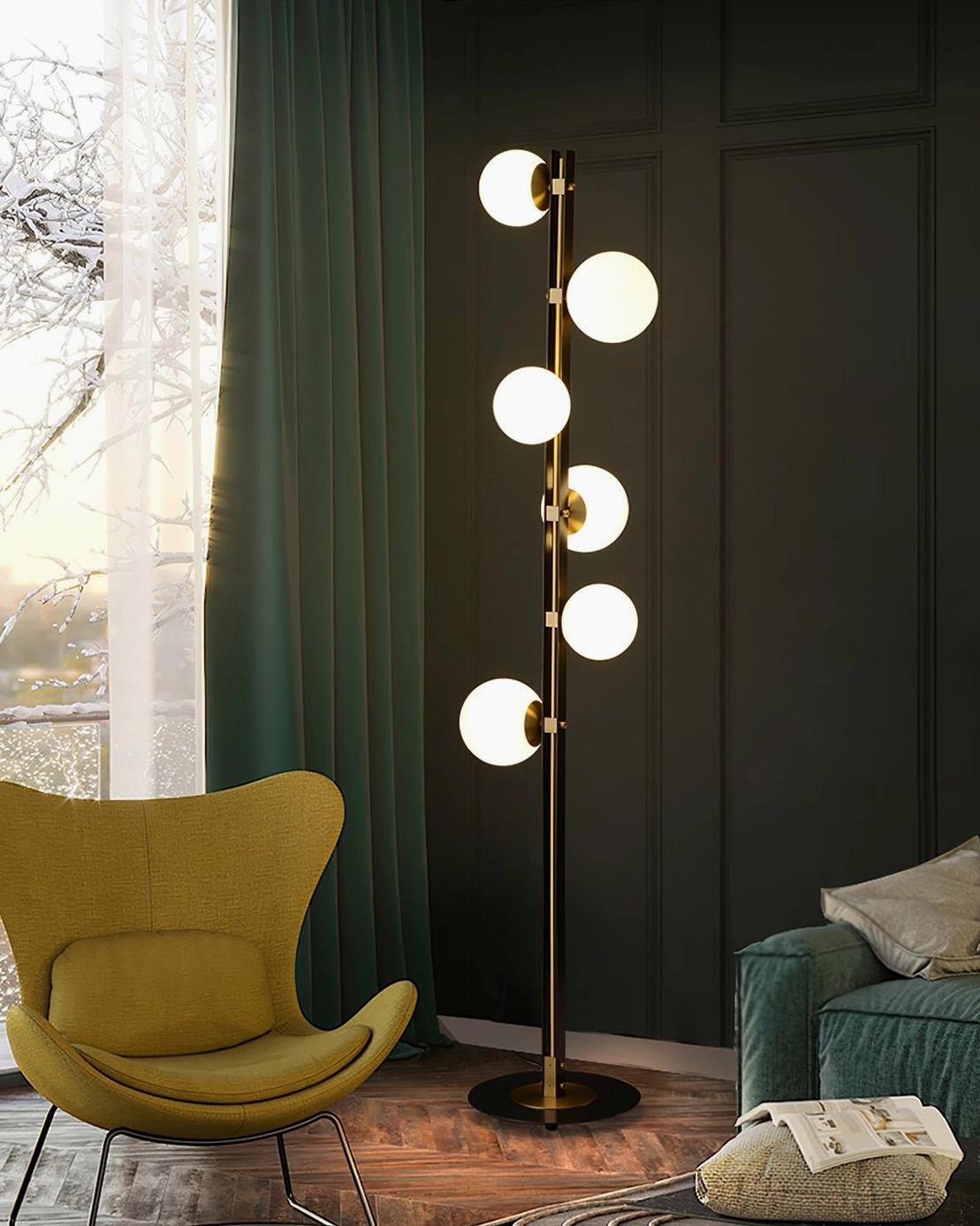Planeta branch floor lamp paired with mustard yellow armchair and teal sofa in luxury residential interior