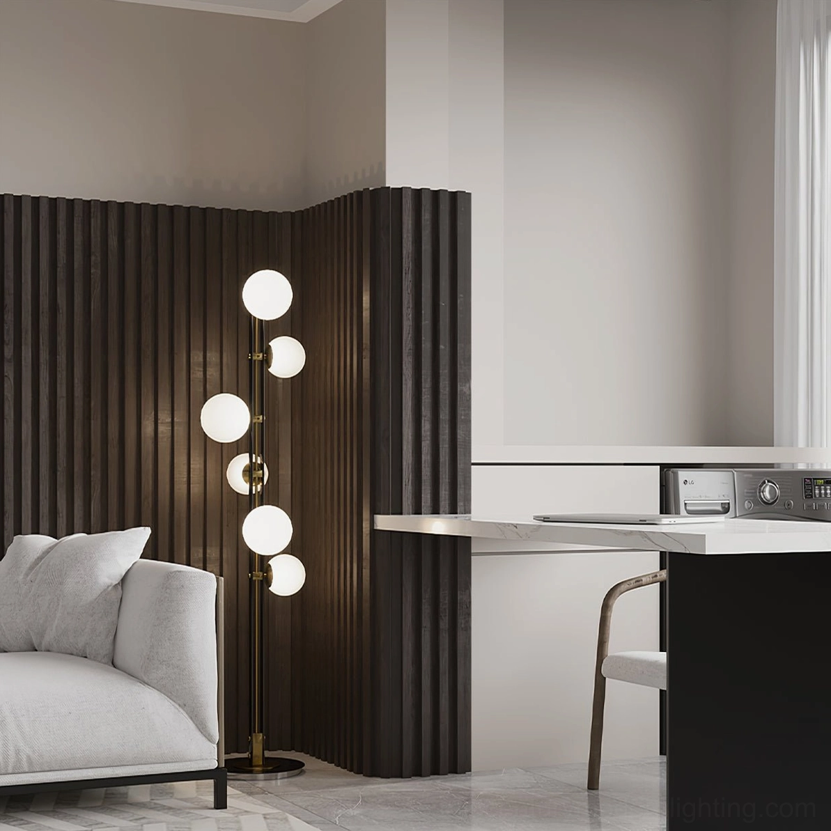 Planeta floor lamp complete assembly showing proportions and scale in interior setting