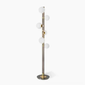 Planeta modern branch floor lamp with dual-tone brass and frosted white glass spheres in minimalist studio setting