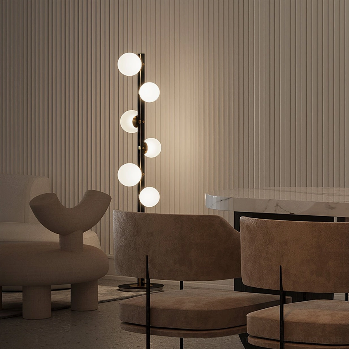 Planeta contemporary floor lamp with orbital rotating glass globes and brushed brass details