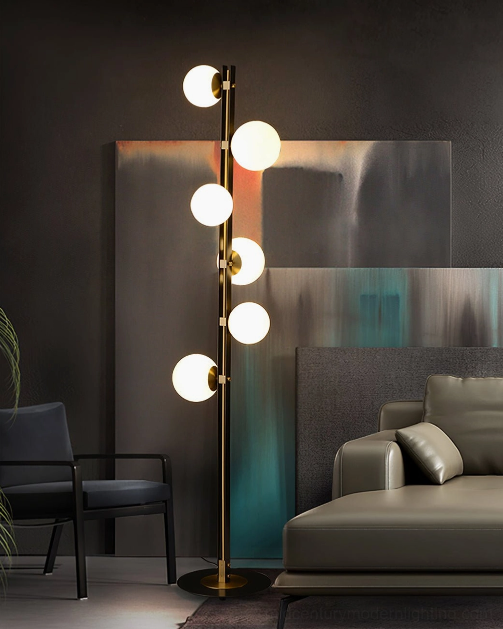 Planeta modern floor lamp side angle view displaying elegant brass pole and globe configuration