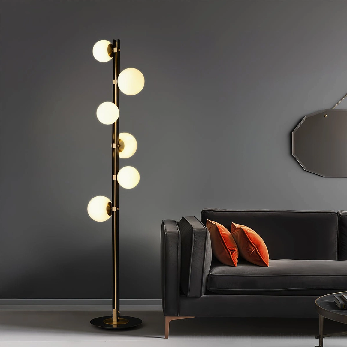 Planeta branch floor lamp with white blown glass shades and refined brass finishing