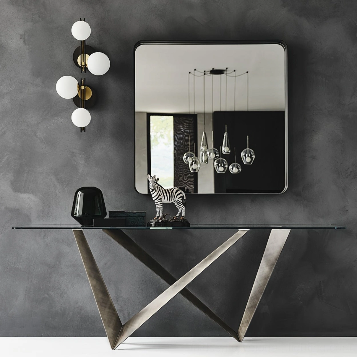 Planeta dual globe wall lamp in modern home interior, geometric lighting design statement
