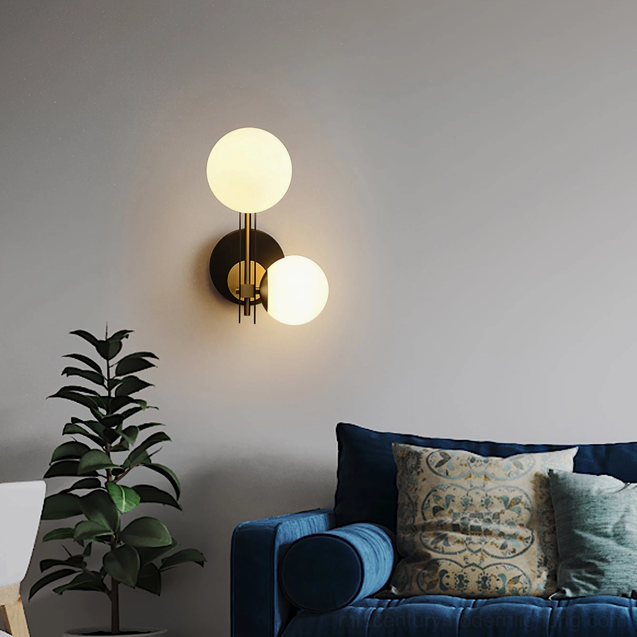 Planeta wall sconce installation showing geometric sphere design and minimalist mounting hardware
