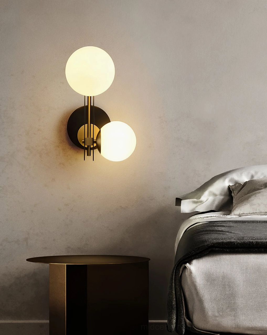 Planeta dual globe wall lamp mounted in modern luxury master bedroom, brass and black fixture above side table