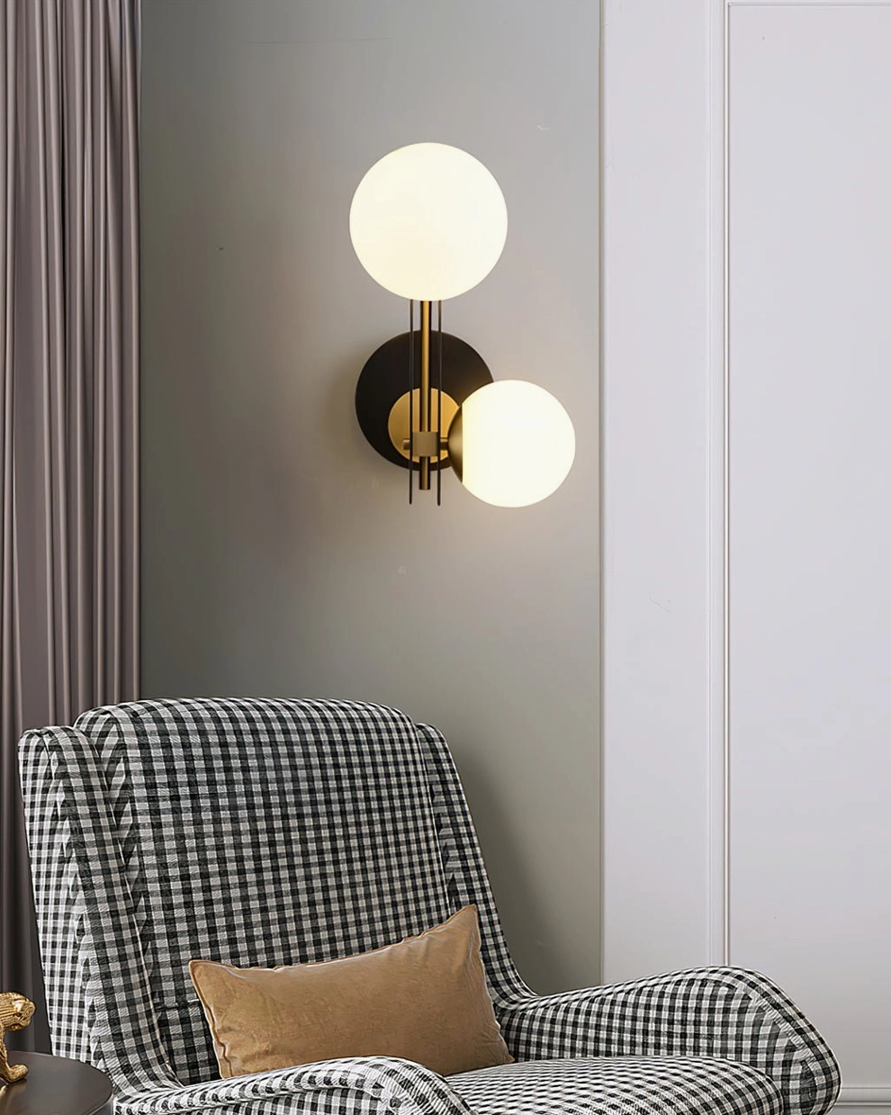 Planeta mid-century inspired dual globe wall lamp in styled residential setting