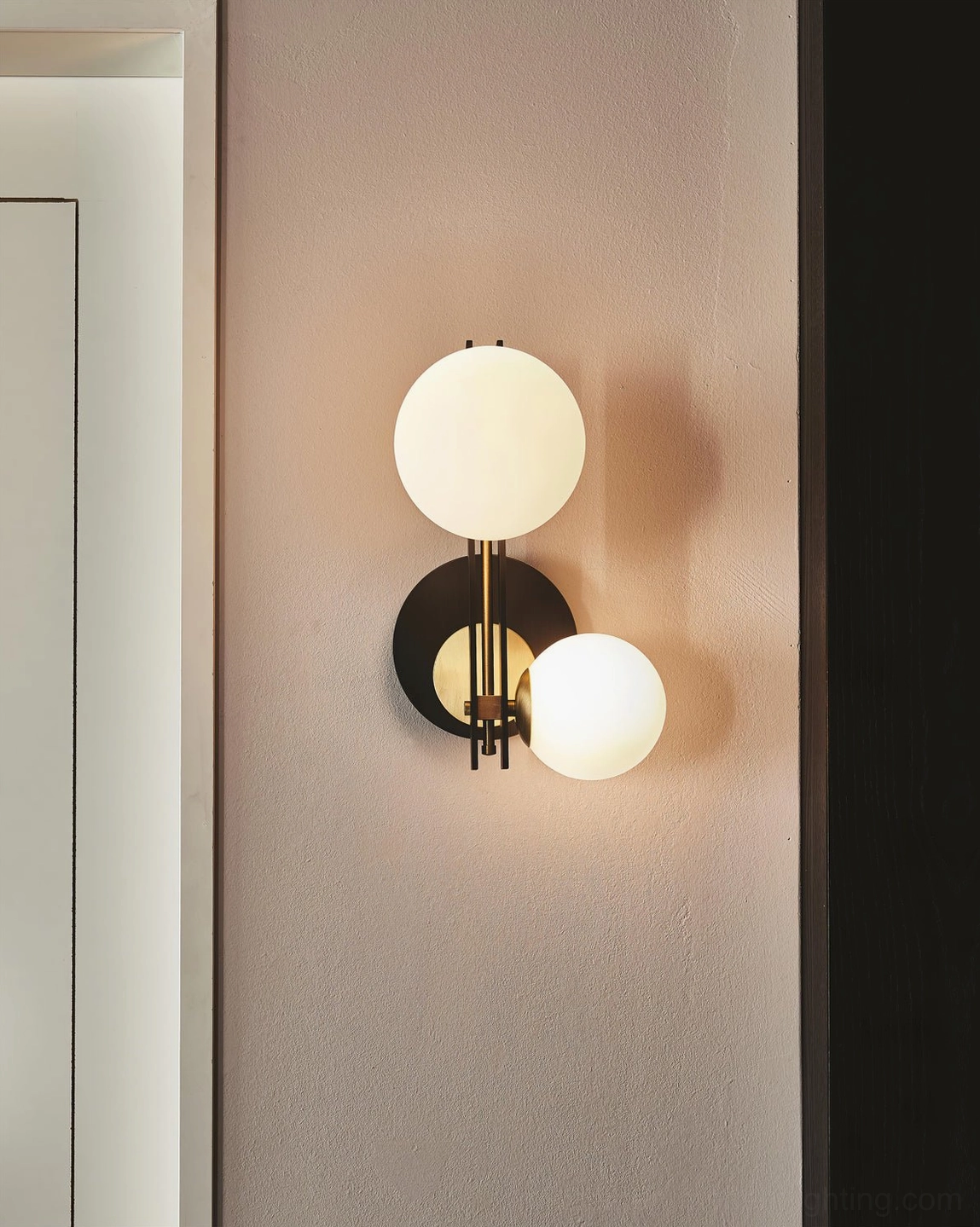 Planeta dual globe wall lamp in modern hallway entryway, mid-century styling with minimalist aesthetic