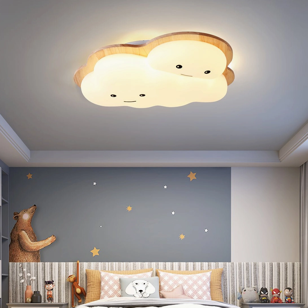 Playful smiling cloud ceiling light with cartoon face design and integrated warm LED technology