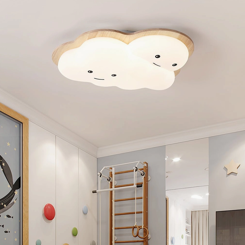 Playful kids room overhead view with smiling cloud light fixture and wall climbing ladder functionality