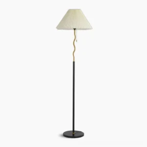 Pleated floor lamp with gold metal frame and black marble base, front view studio shot with minimalist wavy pole design