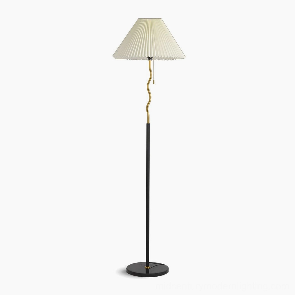 Pleated floor lamp with gold metal frame and black marble base, front view studio shot with minimalist wavy pole design