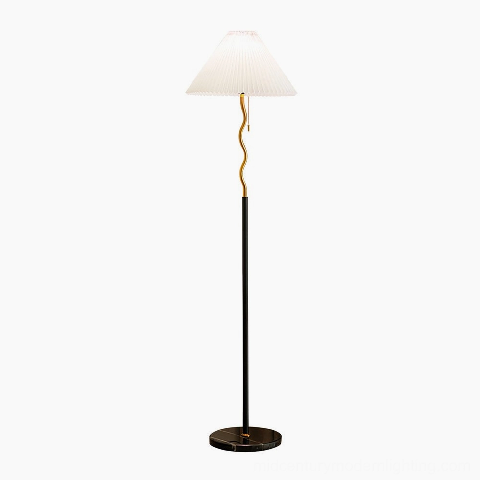 Pleated floor lamp with gold and black finish, product photography highlighting design details and marble base