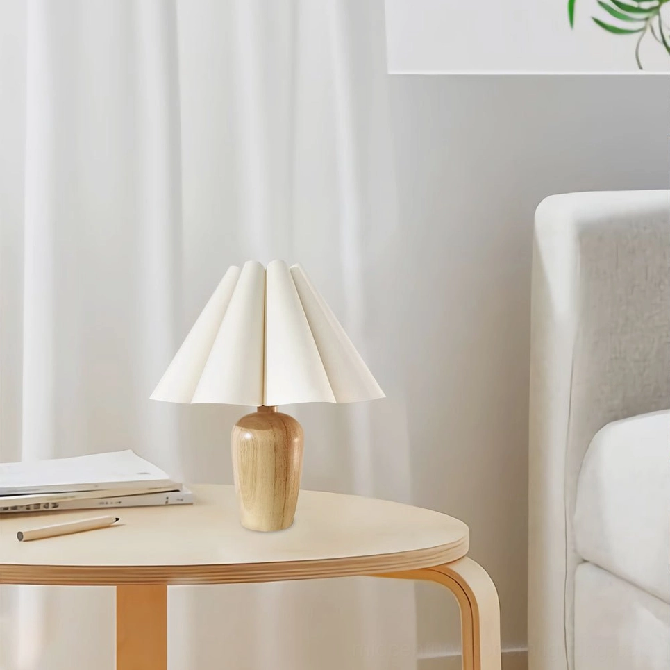 Wooden base fluted table lamp three-quarter view positioned on round side table in Nordic minimalist home interior