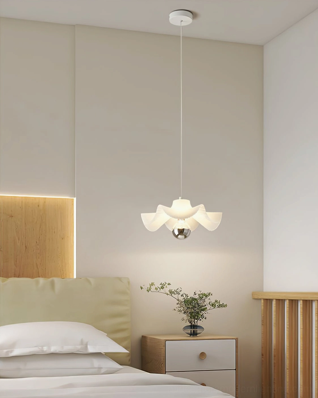 Modern pleated shade pendant in master bedroom, soft white lighting ambiance