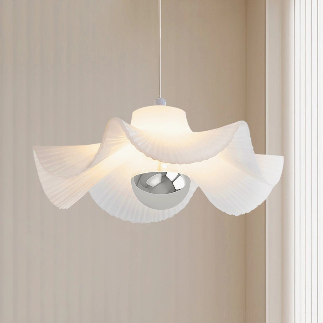 Modern pleated pendant lamp in beige interior setting, eye-level perspective showing fabric pleats and chrome base
