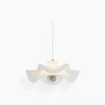 Sculptural pleated pendant light with three-color LED, front studio view, white minimalist design