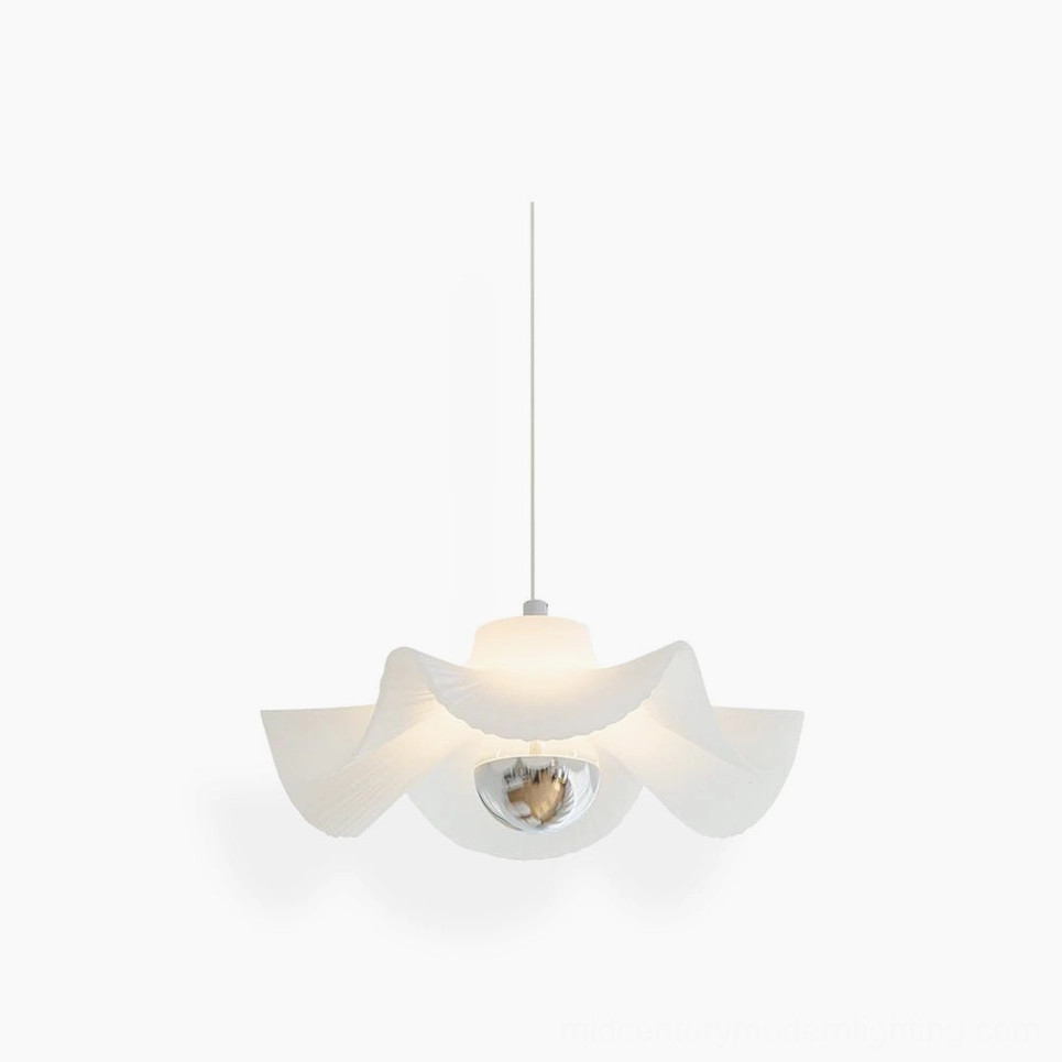 Sculptural pleated pendant light with three-color LED, front studio view, white minimalist design