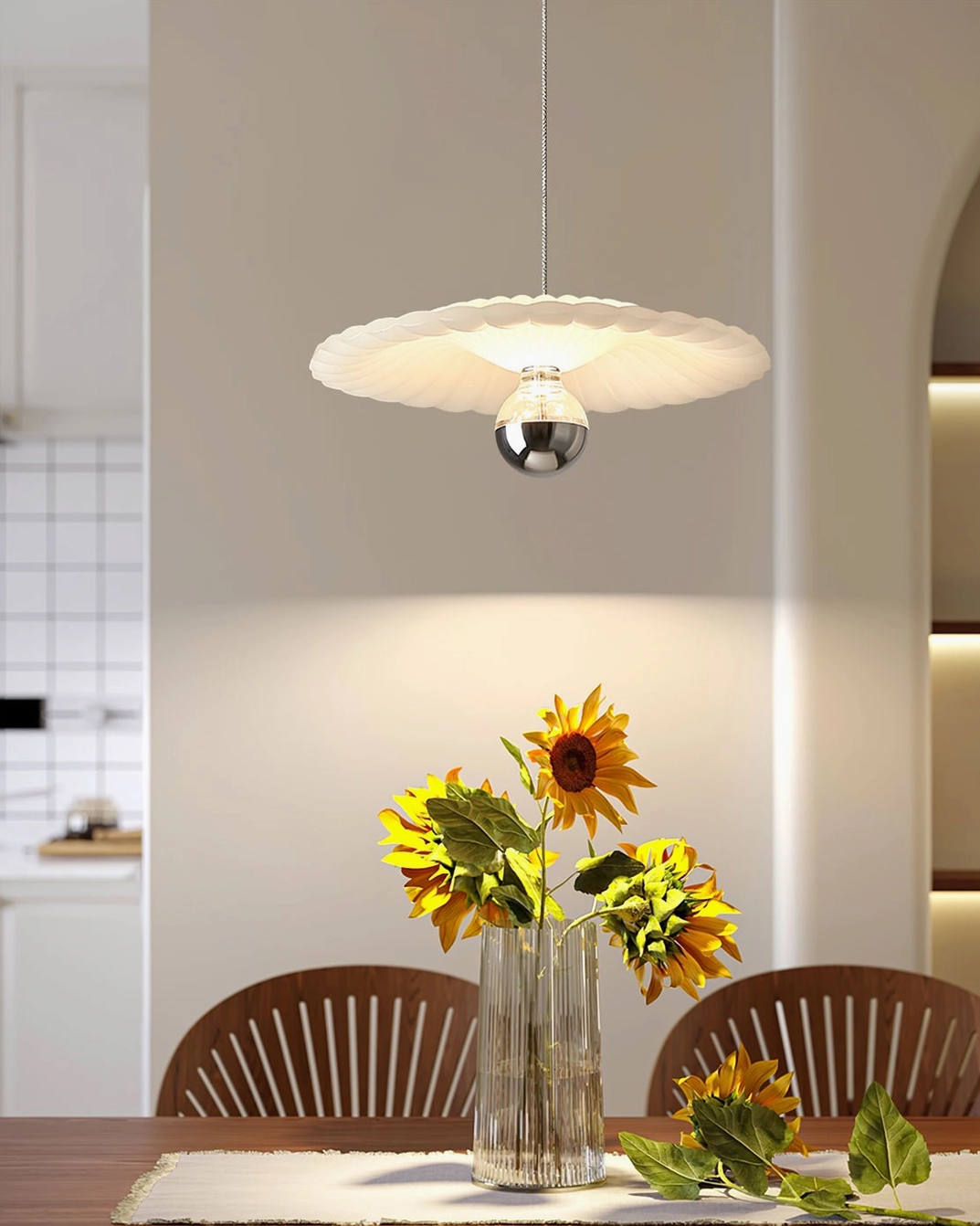 Three-color changing LED pleated pendant light, geometric shade design detail view