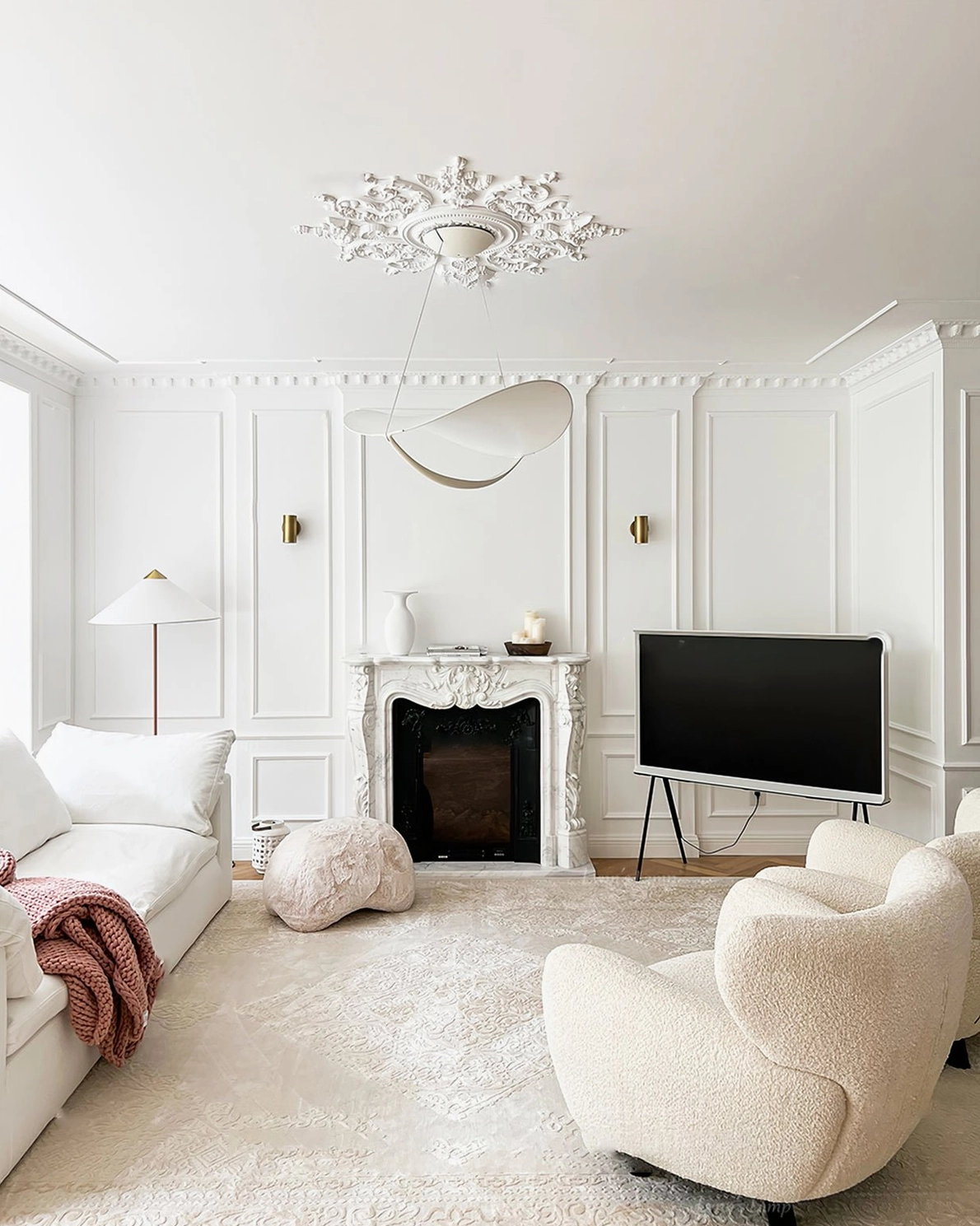Sculptural white pendant lamp formal classic living room matte finish