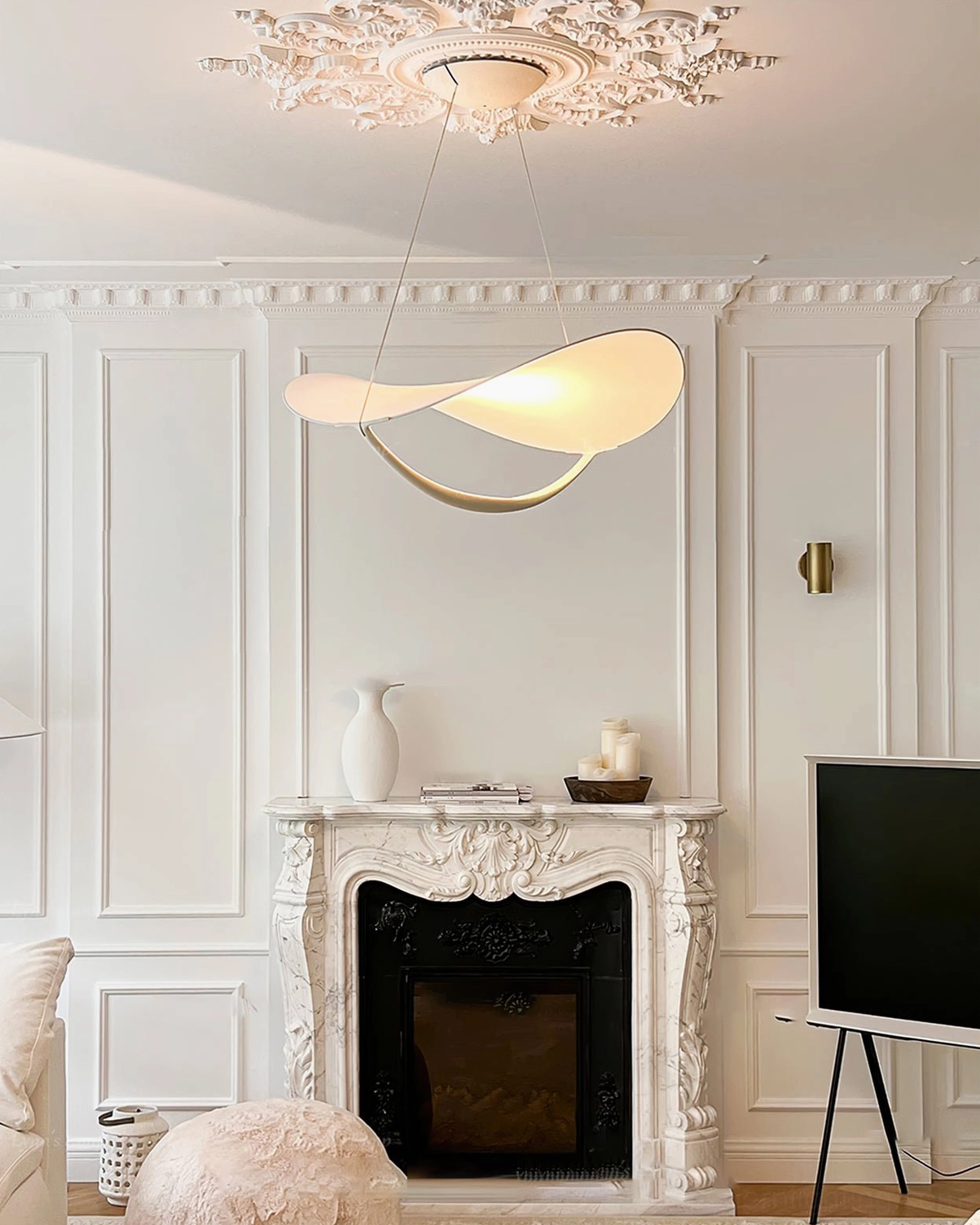 Contemporary twisted pendant lamp luxury living room with fireplace classical ceiling